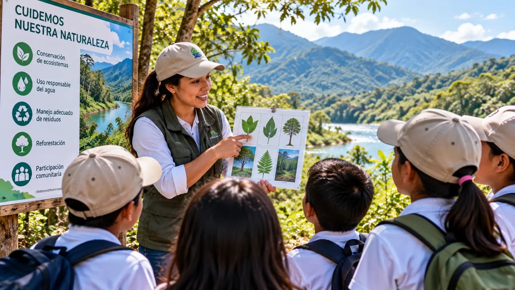 Escena editorial de educación ambiental al aire libre.
