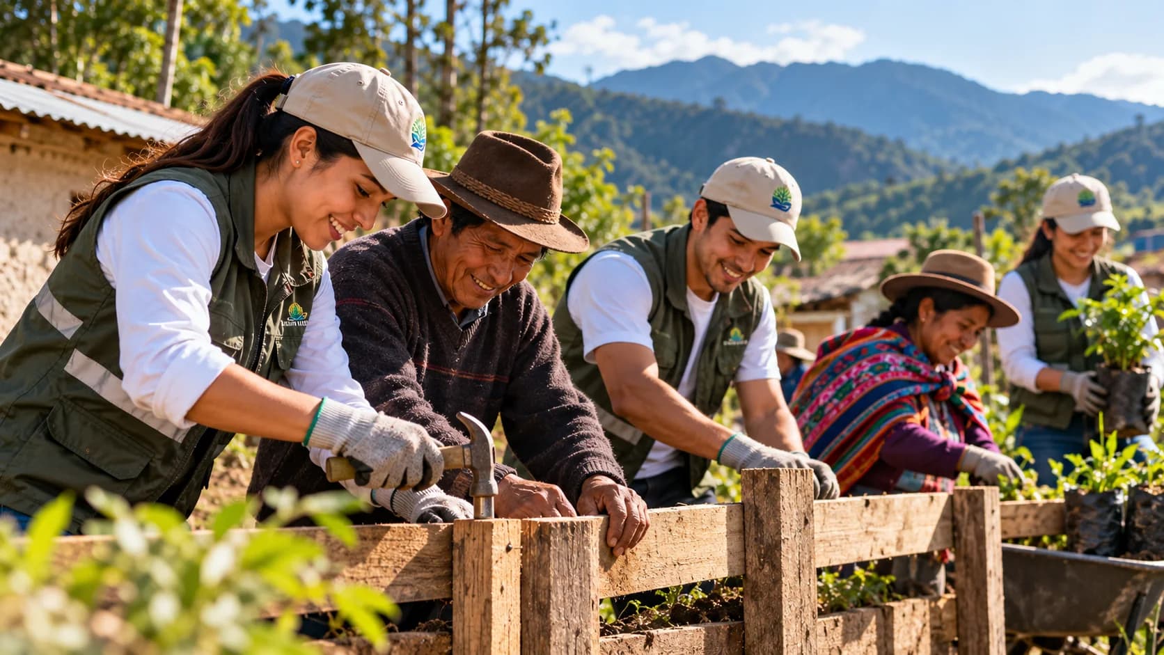 Escena editorial de colaboración comunitaria en un vivero.