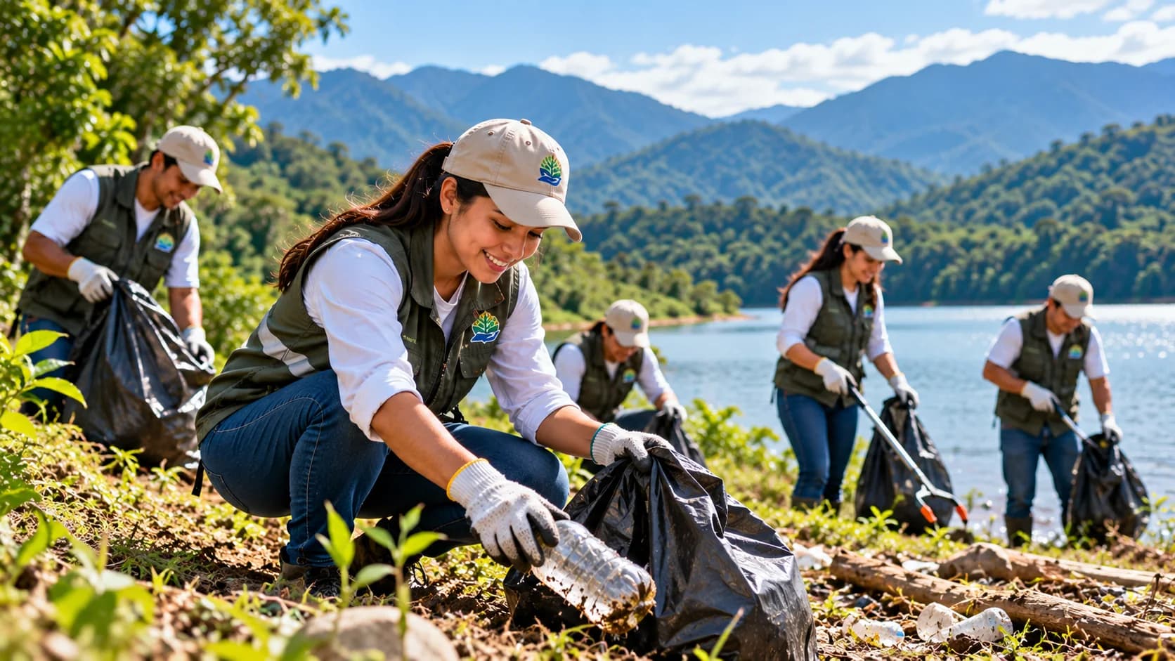 Escena editorial de voluntariado y cuidado comunitario de la naturaleza.